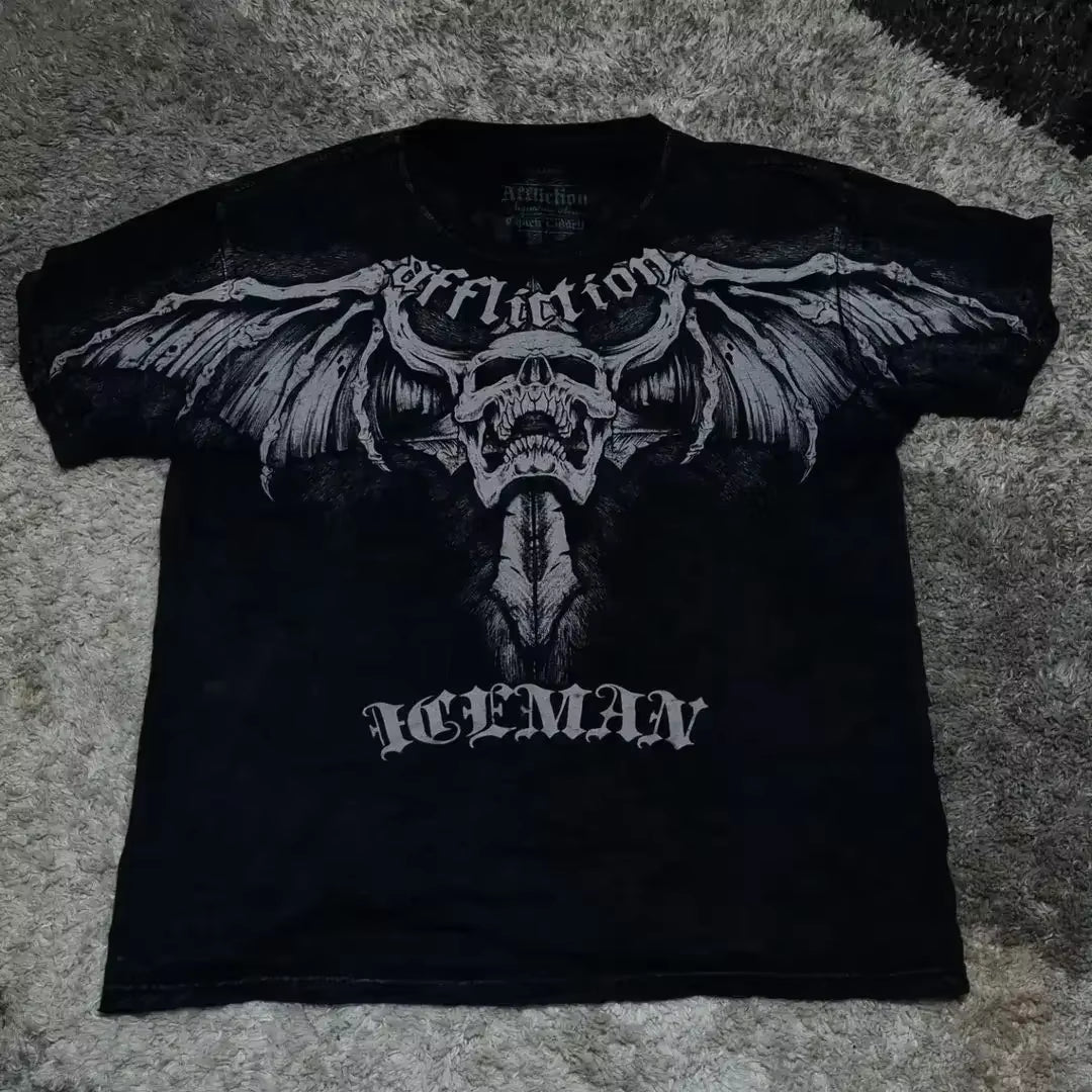 Streetwear Y2K Affliction T Shirts Hip Hop Tee Gothic Skull Cross Print round Neck Oversized Short Sleeve Trendy Graphic Tshirts