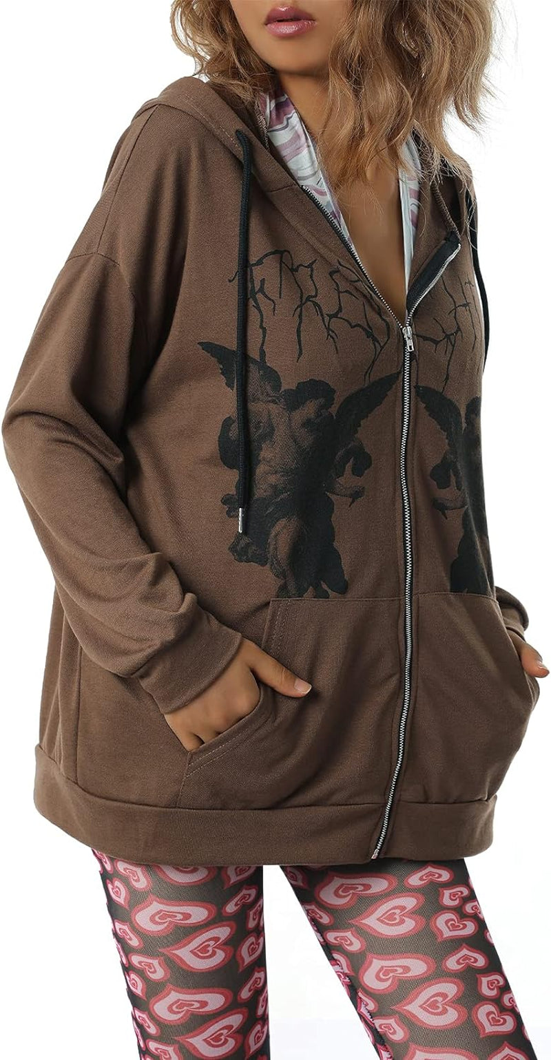 Y2K Oversized Skeleton Print Hoodies for Women Graphic Aesthetic Zip up Cardigan Hooded Sweat Jacket with Pockets