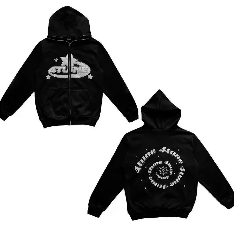Star Letter Print Hoodie Men Retro Zip up Long Sleeve Loose Jacket Coats Harajuku Casual Gothic Hooded Sweatshirt Y2K Streetwear