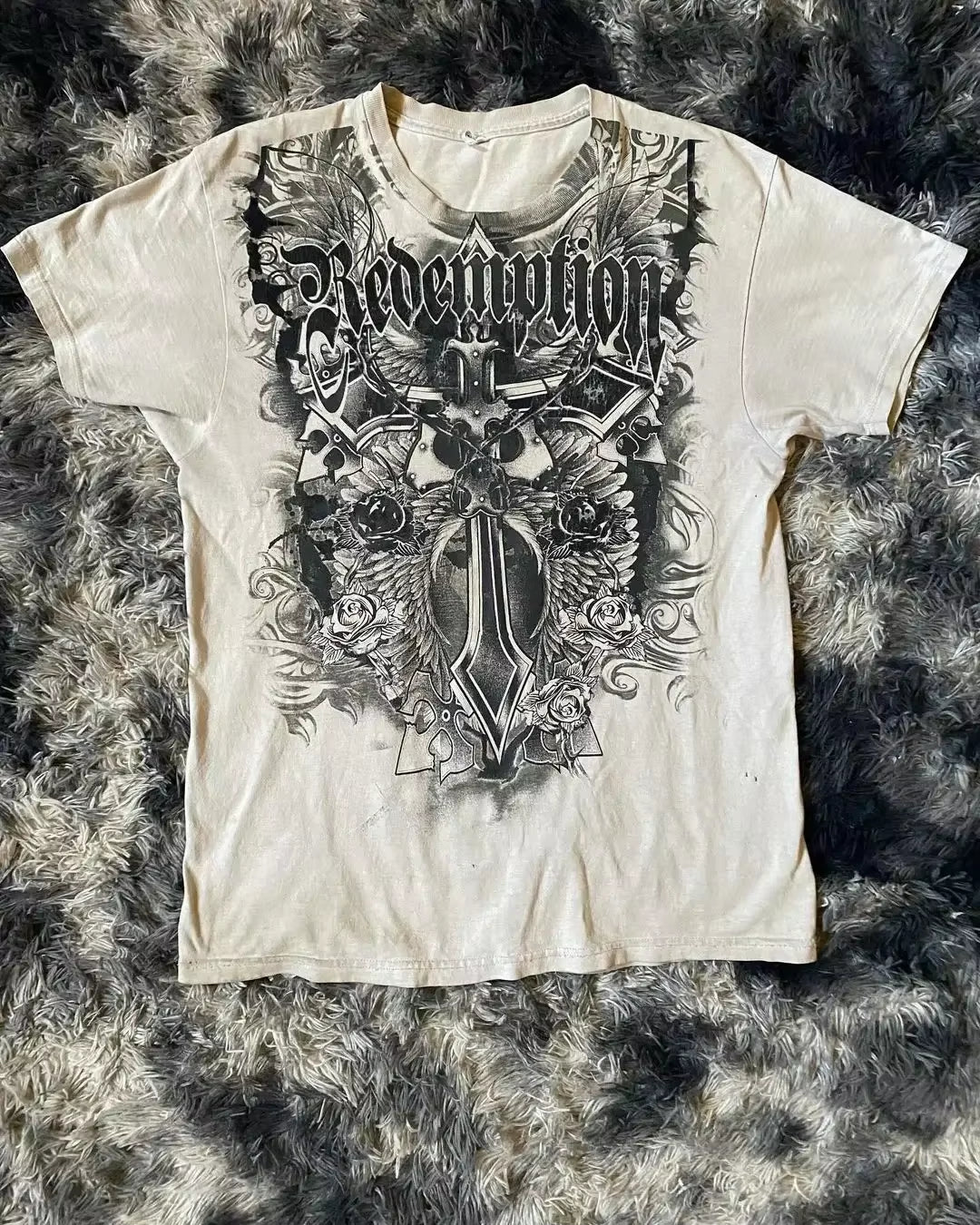 Streetwear Y2K Affliction T Shirts Hip Hop Tee Gothic Skull Cross Print round Neck Oversized Short Sleeve Trendy Graphic Tshirts