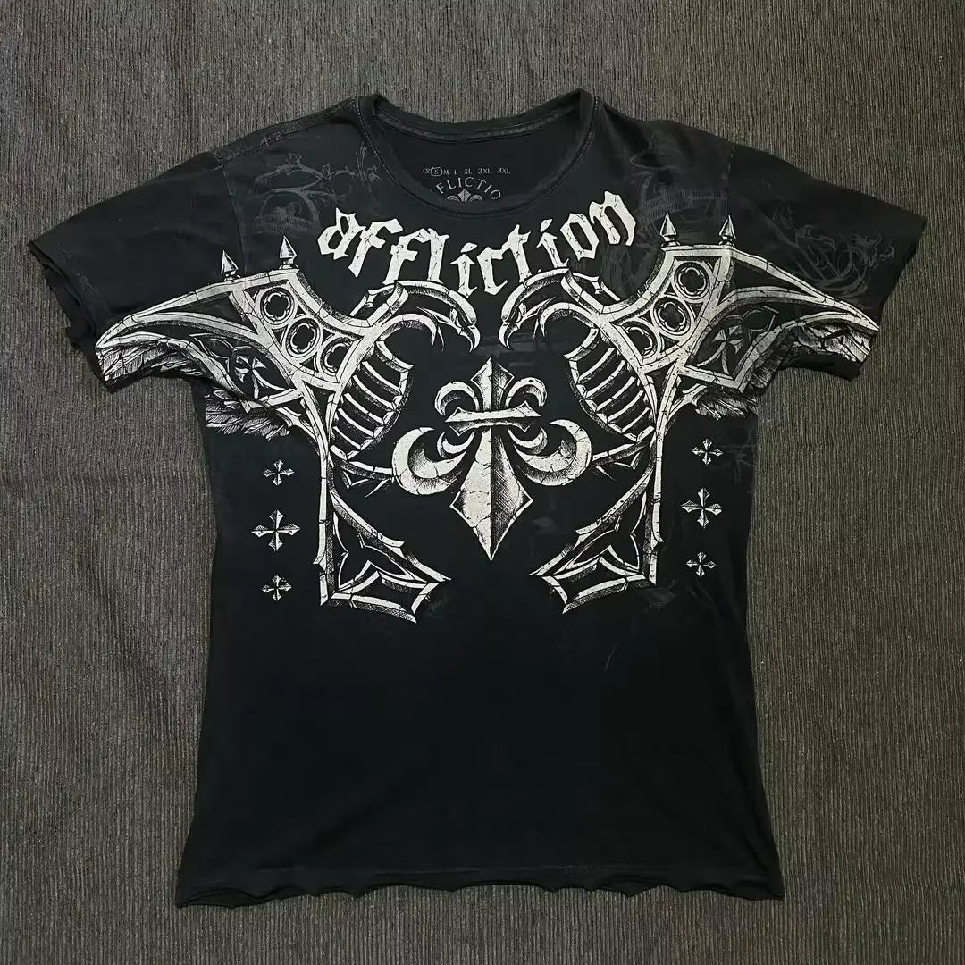 Streetwear Y2K Affliction T Shirts Hip Hop Tee Gothic Skull Cross Print round Neck Oversized Short Sleeve Trendy Graphic Tshirts