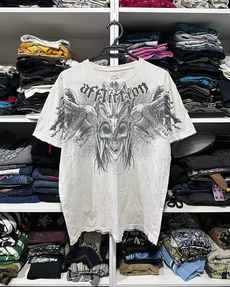Streetwear Y2K Affliction T Shirts Hip Hop Tee Gothic Skull Cross Print round Neck Oversized Short Sleeve Trendy Graphic Tshirts