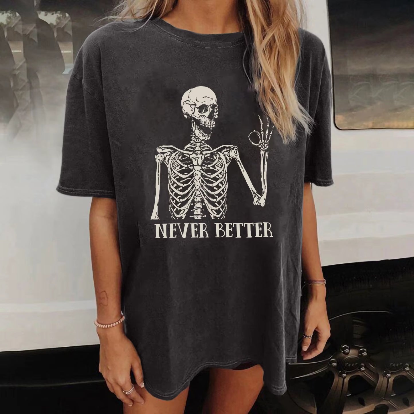 Halloween Drop Shoulder T-Shirt Casual Vintage Never Better Skull Print Crew Neck Loose Short Sleeve Fashion Top Women Clothing