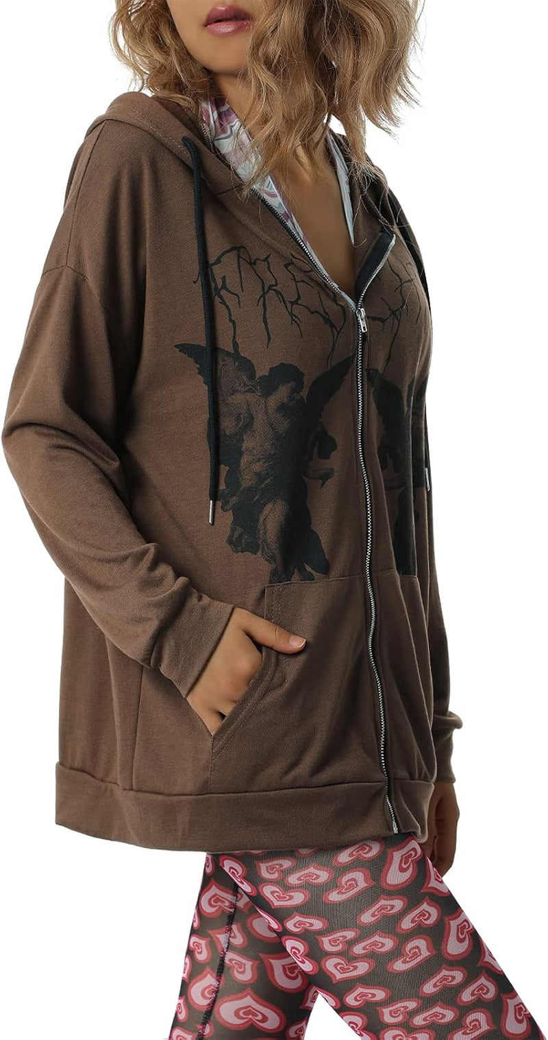 Y2K Oversized Skeleton Print Hoodies for Women Graphic Aesthetic Zip up Cardigan Hooded Sweat Jacket with Pockets