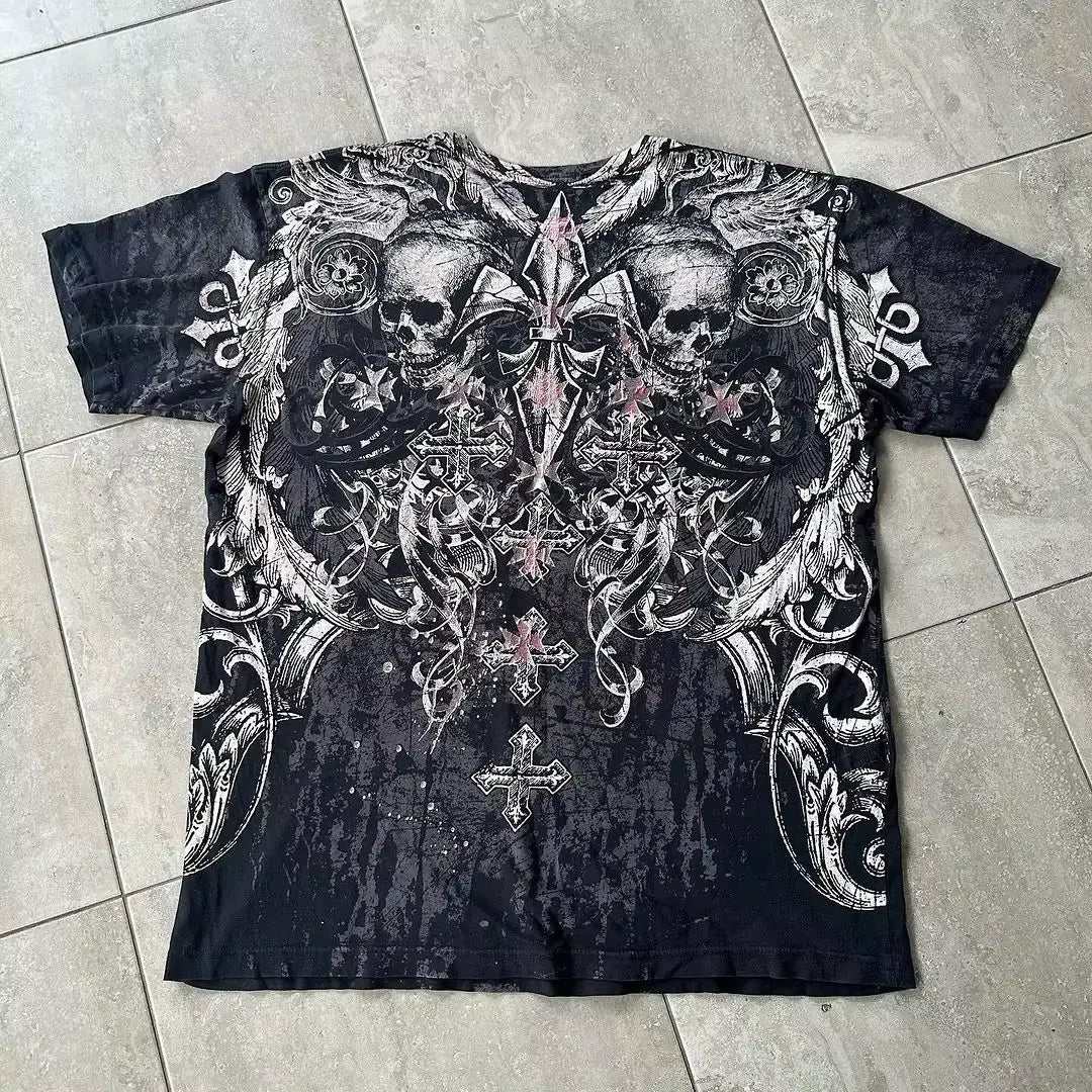 Streetwear Y2K Affliction T Shirts Hip Hop Tee Gothic Skull Cross Print round Neck Oversized Short Sleeve Trendy Graphic Tshirts