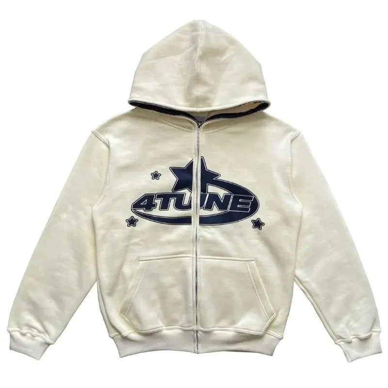 Star Letter Print Hoodie Men Retro Zip up Long Sleeve Loose Jacket Coats Harajuku Casual Gothic Hooded Sweatshirt Y2K Streetwear