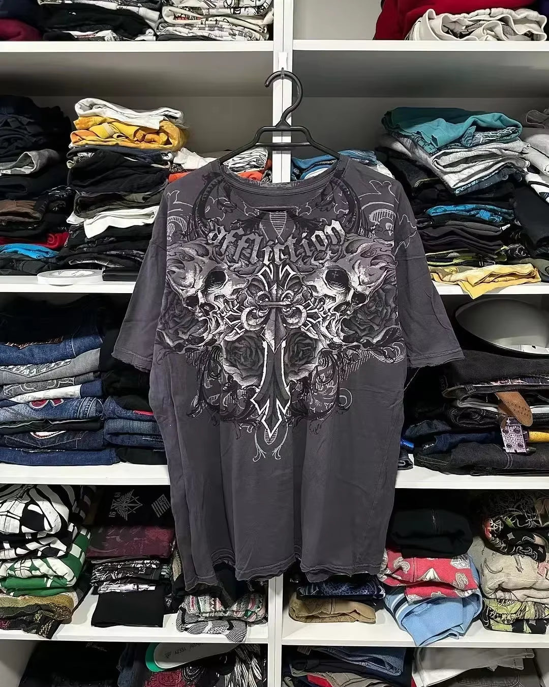 Streetwear Y2K Affliction T Shirts Hip Hop Tee Gothic Skull Cross Print round Neck Oversized Short Sleeve Trendy Graphic Tshirts