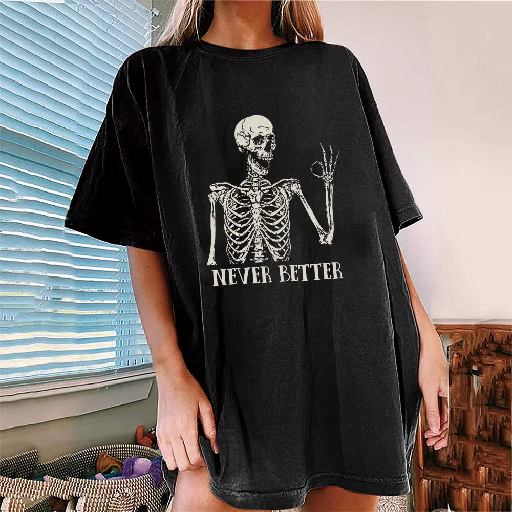 Halloween Drop Shoulder T-Shirt Casual Vintage Never Better Skull Print Crew Neck Loose Short Sleeve Fashion Top Women Clothing