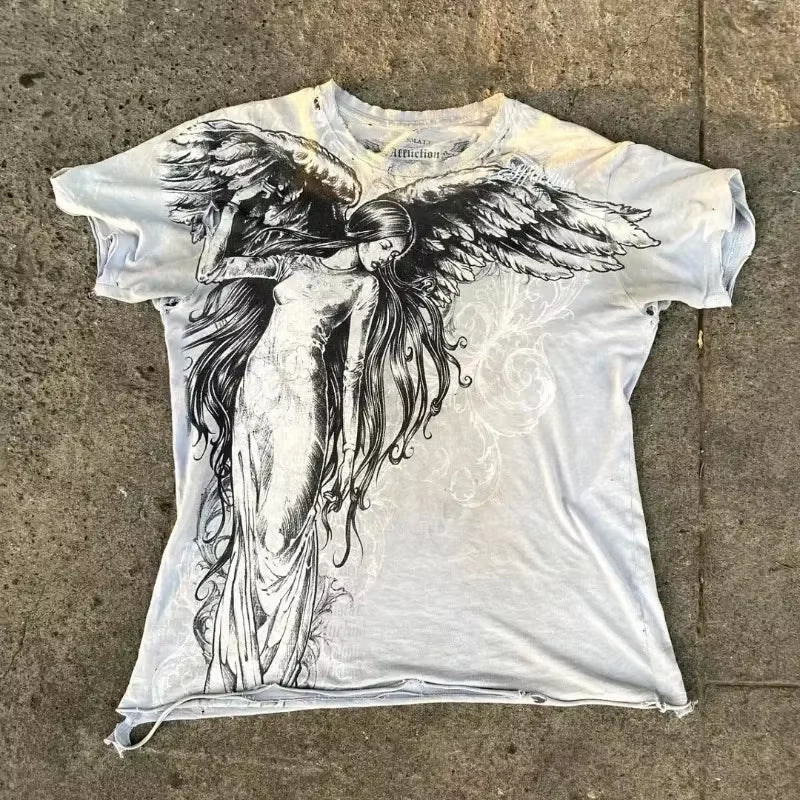 Streetwear Y2K Affliction T Shirts Hip Hop Tee Gothic Skull Cross Print round Neck Oversized Short Sleeve Trendy Graphic Tshirts