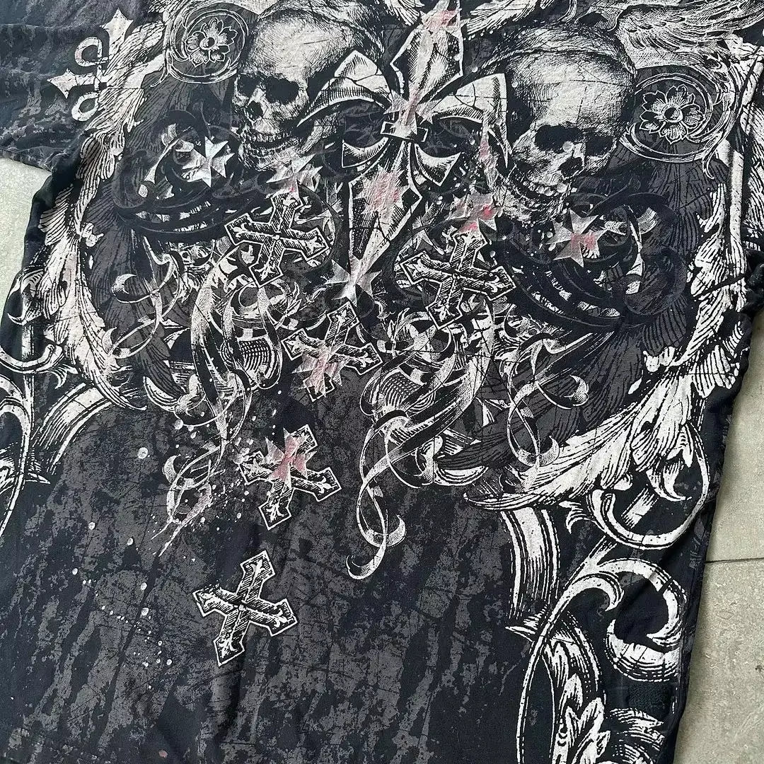 Streetwear Y2K Affliction T Shirts Hip Hop Tee Gothic Skull Cross Print round Neck Oversized Short Sleeve Trendy Graphic Tshirts