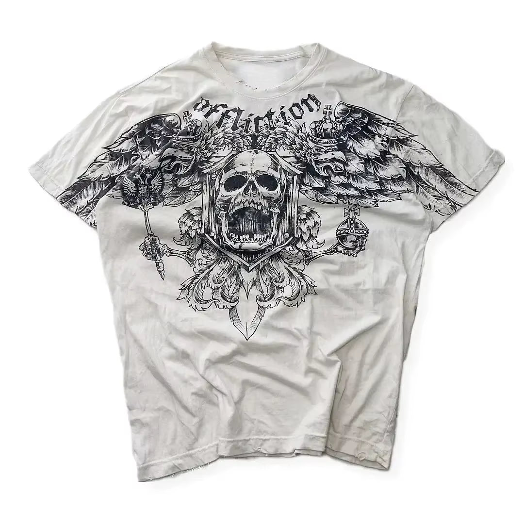 Streetwear Y2K Affliction T Shirts Hip Hop Tee Gothic Skull Cross Print round Neck Oversized Short Sleeve Trendy Graphic Tshirts
