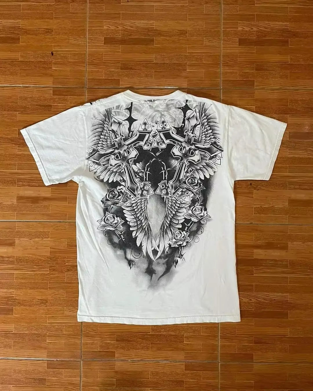 Streetwear Y2K Affliction T Shirts Hip Hop Tee Gothic Skull Cross Print round Neck Oversized Short Sleeve Trendy Graphic Tshirts