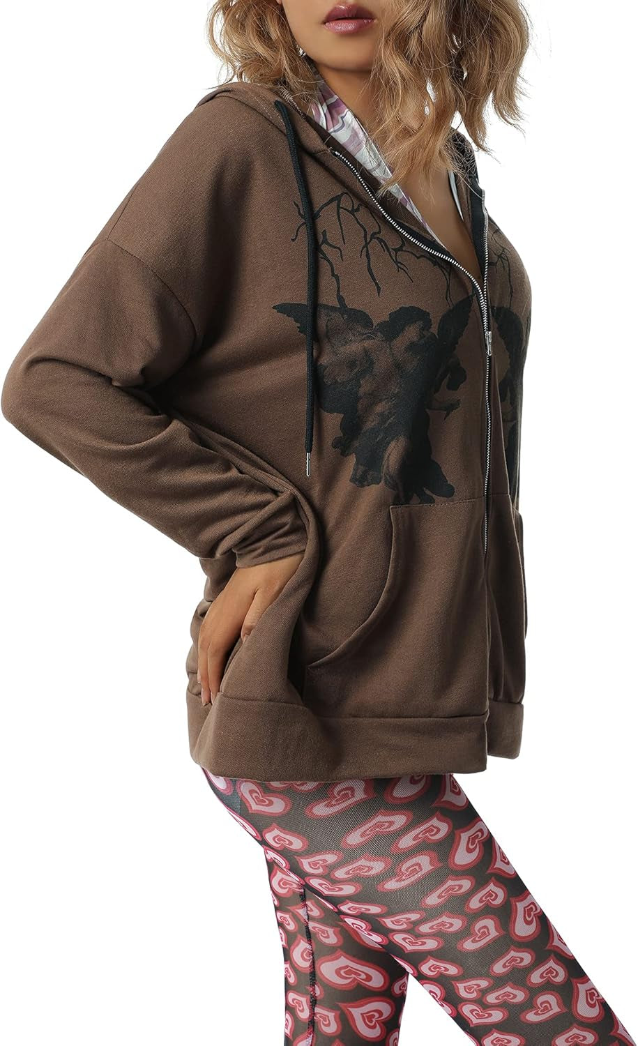 Y2K Oversized Skeleton Print Hoodies for Women Graphic Aesthetic Zip up Cardigan Hooded Sweat Jacket with Pockets