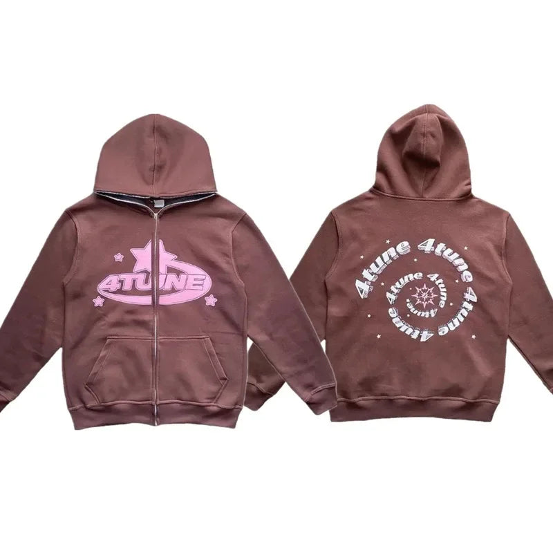Star Letter Print Hoodie Men Retro Zip up Long Sleeve Loose Jacket Coats Harajuku Casual Gothic Hooded Sweatshirt Y2K Streetwear