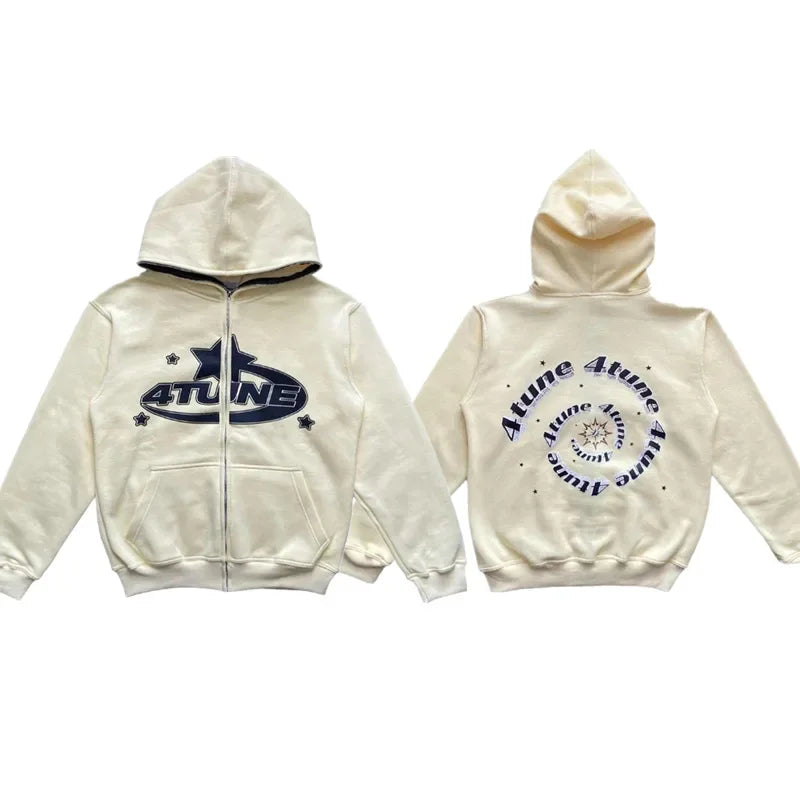 Star Letter Print Hoodie Men Retro Zip up Long Sleeve Loose Jacket Coats Harajuku Casual Gothic Hooded Sweatshirt Y2K Streetwear