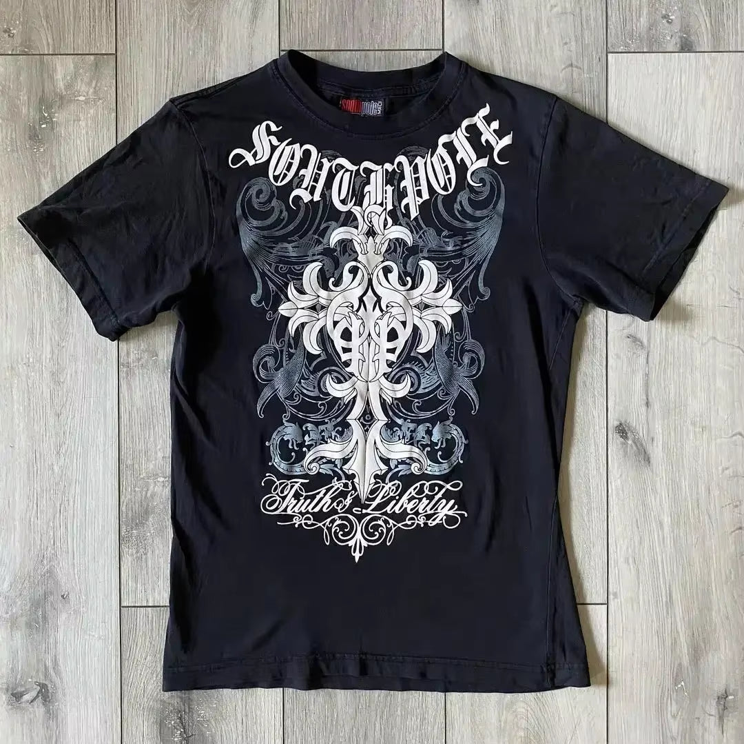 Streetwear Y2K Affliction T Shirts Hip Hop Tee Gothic Skull Cross Print round Neck Oversized Short Sleeve Trendy Graphic Tshirts