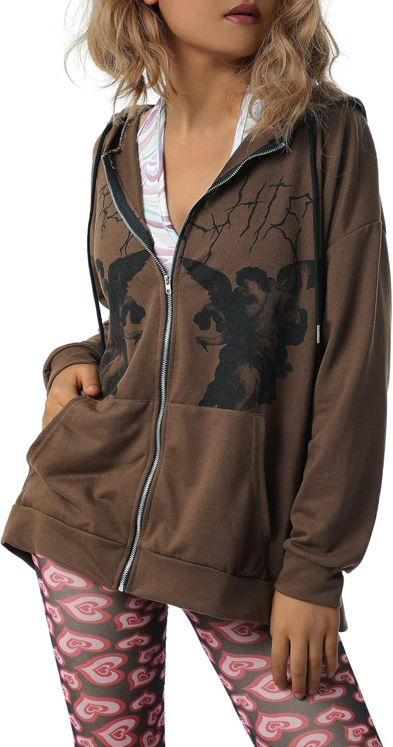 Y2K Oversized Skeleton Print Hoodies for Women Graphic Aesthetic Zip up Cardigan Hooded Sweat Jacket with Pockets