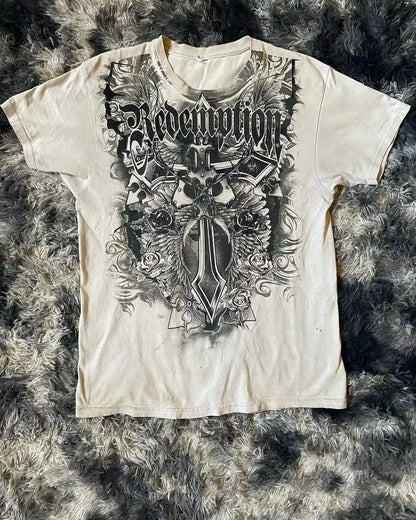 Streetwear Y2K Affliction T Shirts Hip Hop Tee Gothic Skull Cross Print round Neck Oversized Short Sleeve Trendy Graphic Tshirts