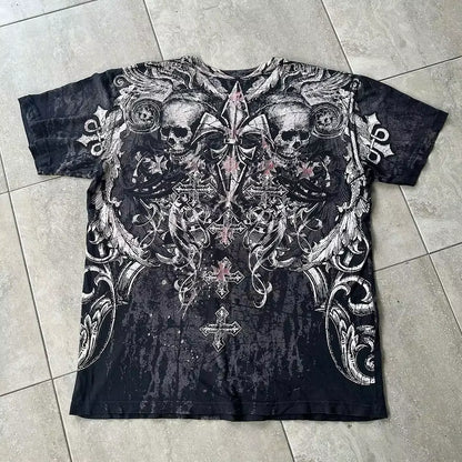 Streetwear Y2K Affliction T Shirts Hip Hop Tee Gothic Skull Cross Print round Neck Oversized Short Sleeve Trendy Graphic Tshirts