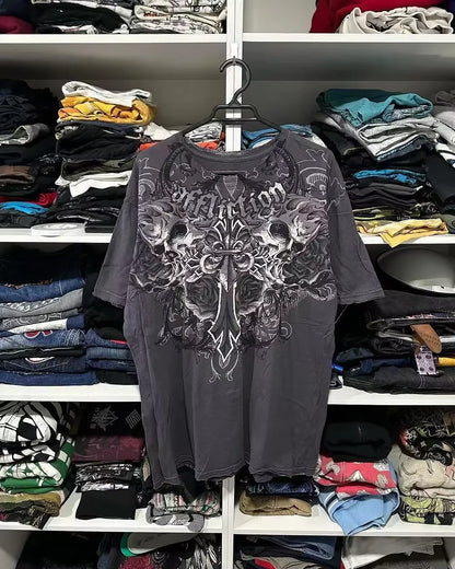 Streetwear Y2K Affliction T Shirts Hip Hop Tee Gothic Skull Cross Print round Neck Oversized Short Sleeve Trendy Graphic Tshirts