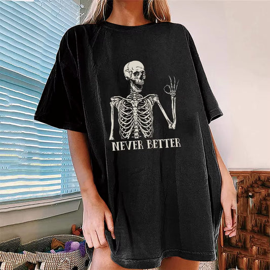Halloween Drop Shoulder T-Shirt Casual Vintage Never Better Skull Print Crew Neck Loose Short Sleeve Fashion Top Women Clothing