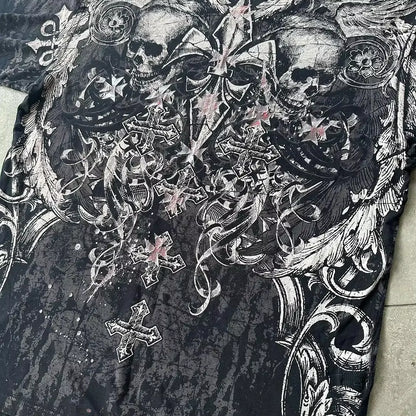Streetwear Y2K Affliction T Shirts Hip Hop Tee Gothic Skull Cross Print round Neck Oversized Short Sleeve Trendy Graphic Tshirts