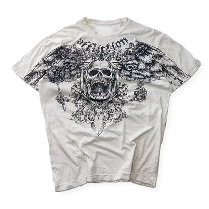 Streetwear Y2K Affliction T Shirts Hip Hop Tee Gothic Skull Cross Print round Neck Oversized Short Sleeve Trendy Graphic Tshirts