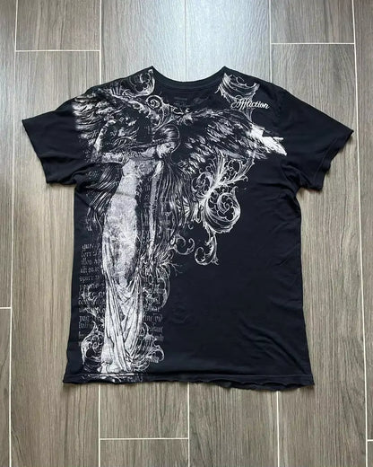Streetwear Y2K Affliction T Shirts Hip Hop Tee Gothic Skull Cross Print round Neck Oversized Short Sleeve Trendy Graphic Tshirts