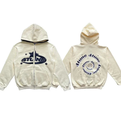 Star Letter Print Hoodie Men Retro Zip up Long Sleeve Loose Jacket Coats Harajuku Casual Gothic Hooded Sweatshirt Y2K Streetwear