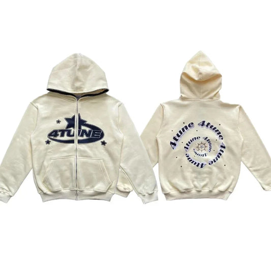 Star Letter Print Hoodie Men Retro Zip up Long Sleeve Loose Jacket Coats Harajuku Casual Gothic Hooded Sweatshirt Y2K Streetwear