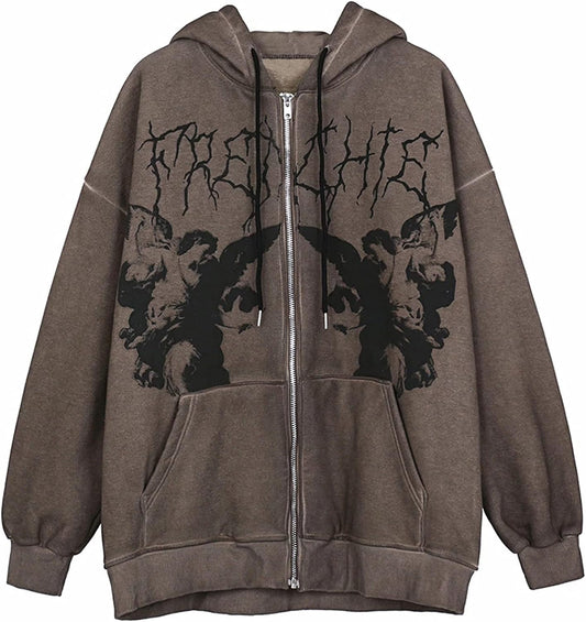 Y2K Oversized Skeleton Print Hoodies for Women Graphic Aesthetic Zip up Cardigan Hooded Sweat Jacket with Pockets